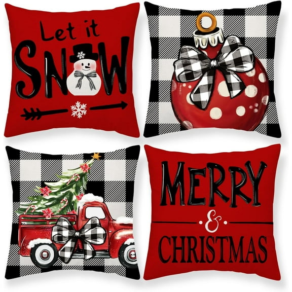 Merry Christmas Snowman Throw Pillow Covers 18x18 Inch Set of 4 Black and White Buffalo Plaid Let It Snow Christmas Ball Tree Truck Winter Holiday Cushion Case Decoration for Sofa Couch