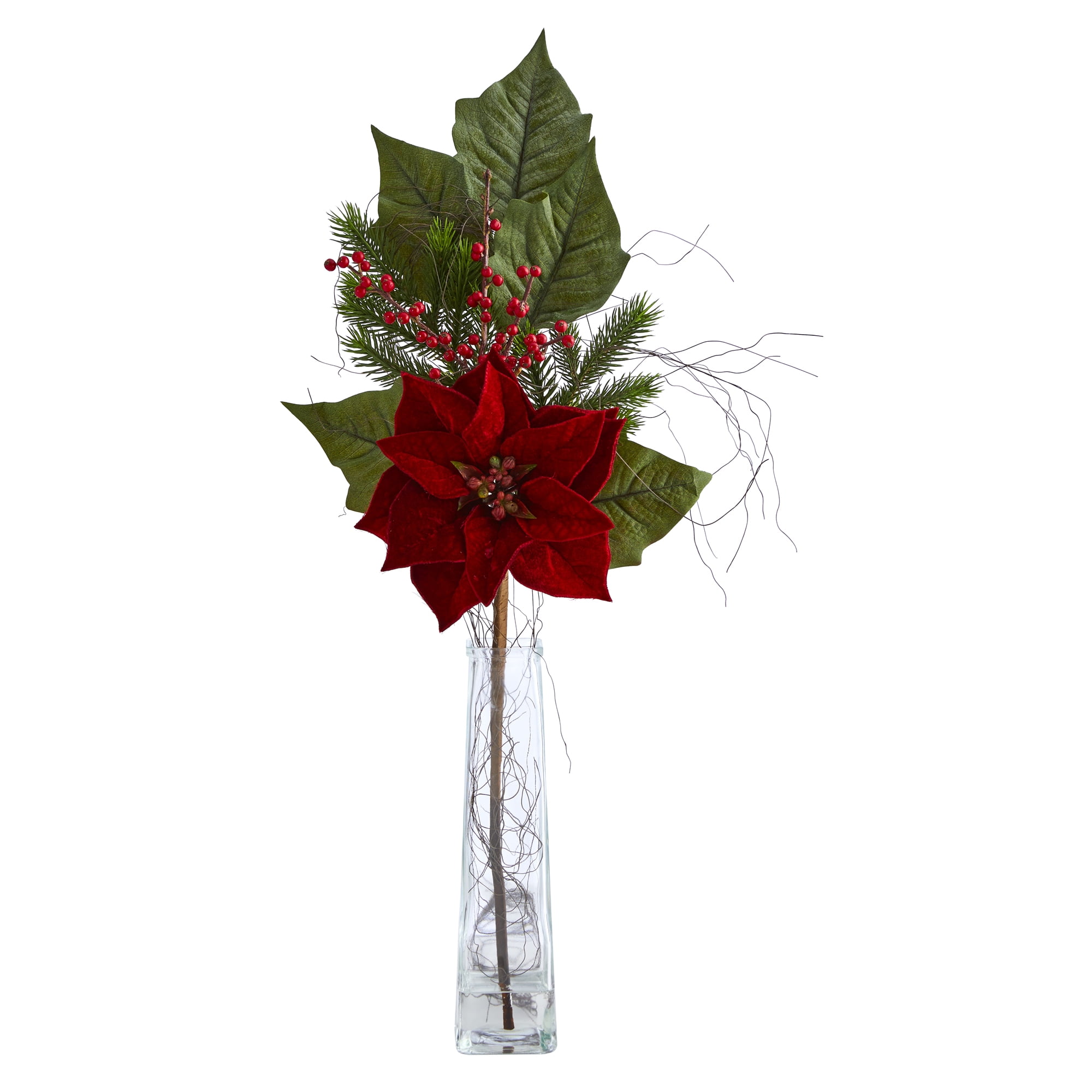 32in. Poinsettia, Berries and Pine Artificial Arrangement in Glass Vase