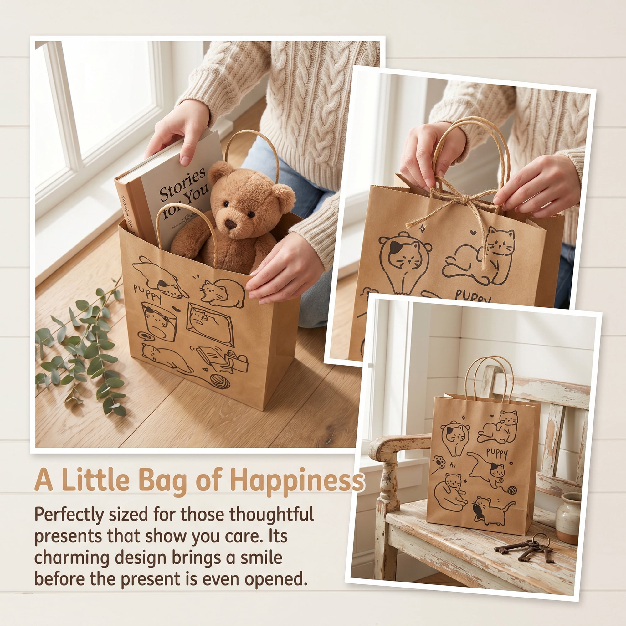 Unique Bargains Cartoon Gift Bags with Handles for Occasions Cat 8.3" x 4.3" x 10.6"