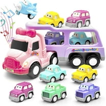 LASCOTON Toys for 1 2 Year Old Girl, 7-in-1 Carrier Truck, Toddler Girl Toys, Friction Power Toy Cars with Light & Sound, 1 2 3 Year Old Girl Gifts Birthday for Kids Girls Pink Toy