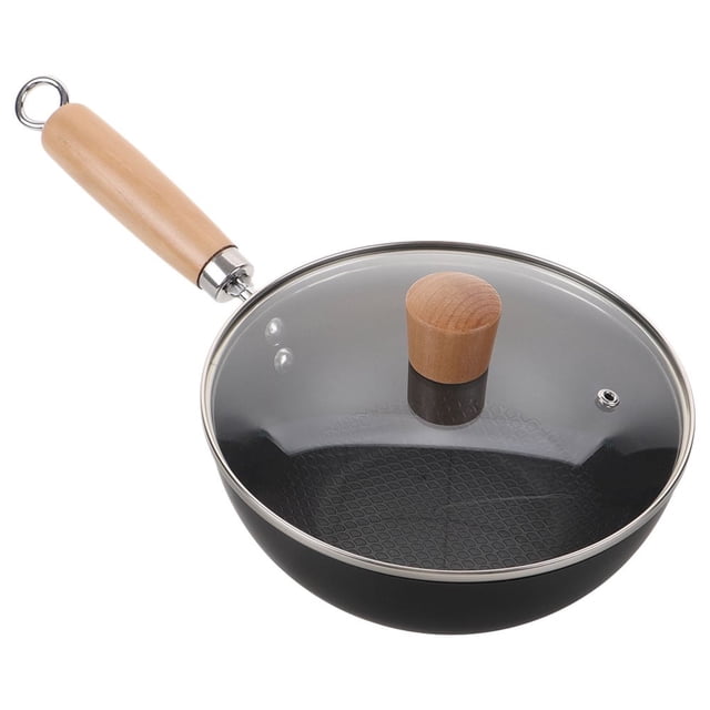 CHUANK Cast Iron Skillet with Lid Traditional Chinese Wok Nonstick Stir Fry Pans Wood Handle for Gas Stove Electric Stove Cooktops for Cooking