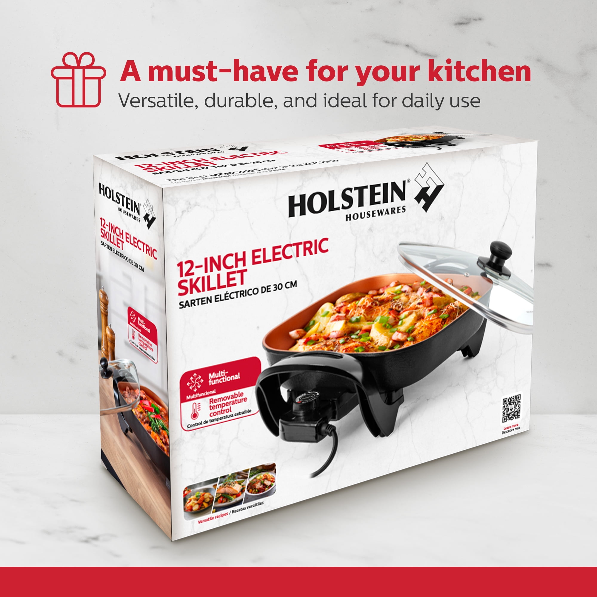 Holstein Housewares 12-Inch Electric Skillet with Non-Stick Coating, Glass Lid, and Removable Probe, Copper and Black