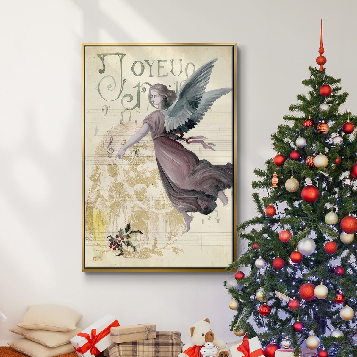 Christmas Greetings Collection B - Framed Gallery Wrapped Holiday Canvas - 27 x 41 - Gold Frame