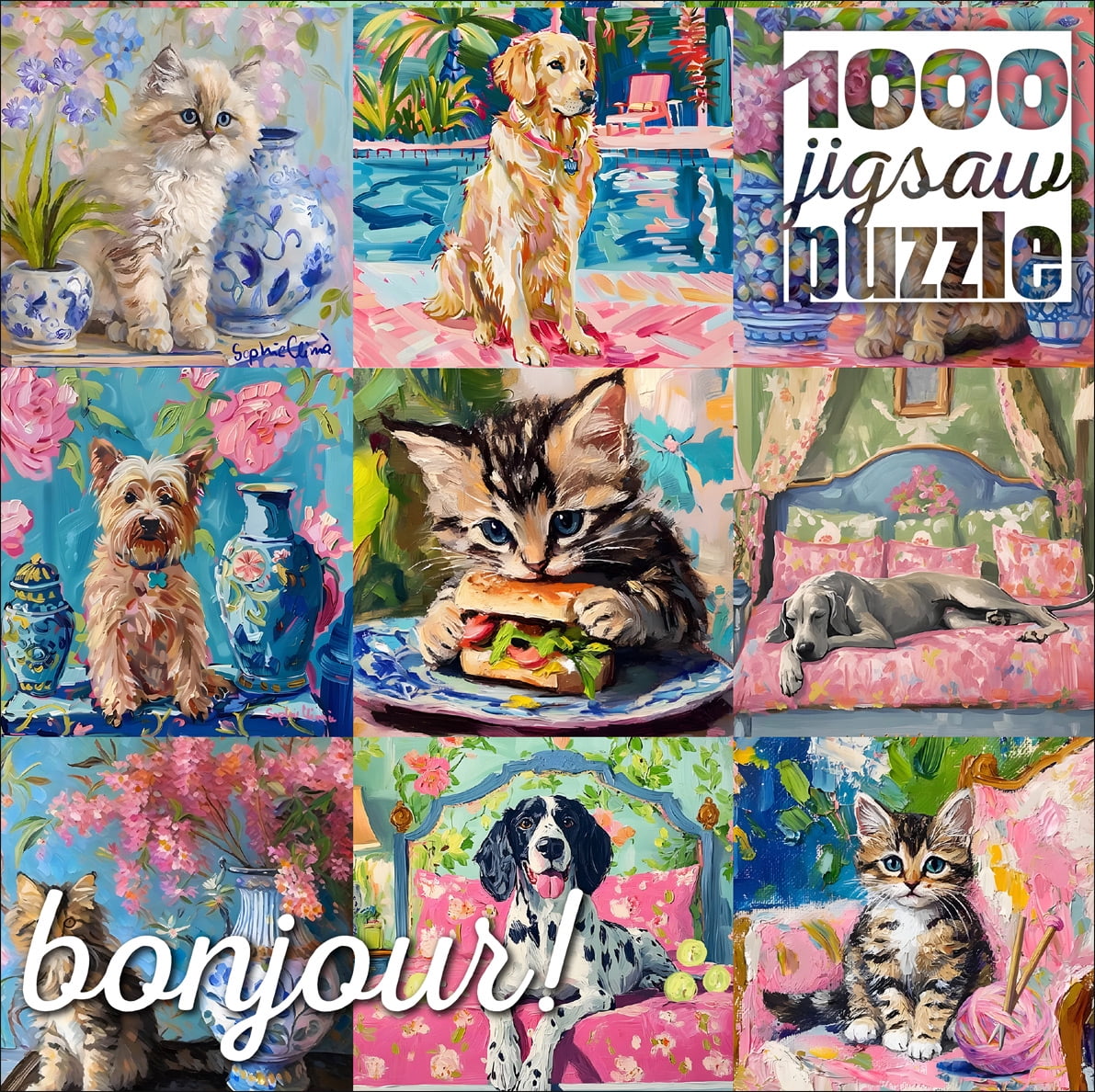 Buffalo Games Bonjour Cats and Dogs Collage 1000-Piece Interlocking Jigsaw Puzzle for Adults Ages 14-99 Years