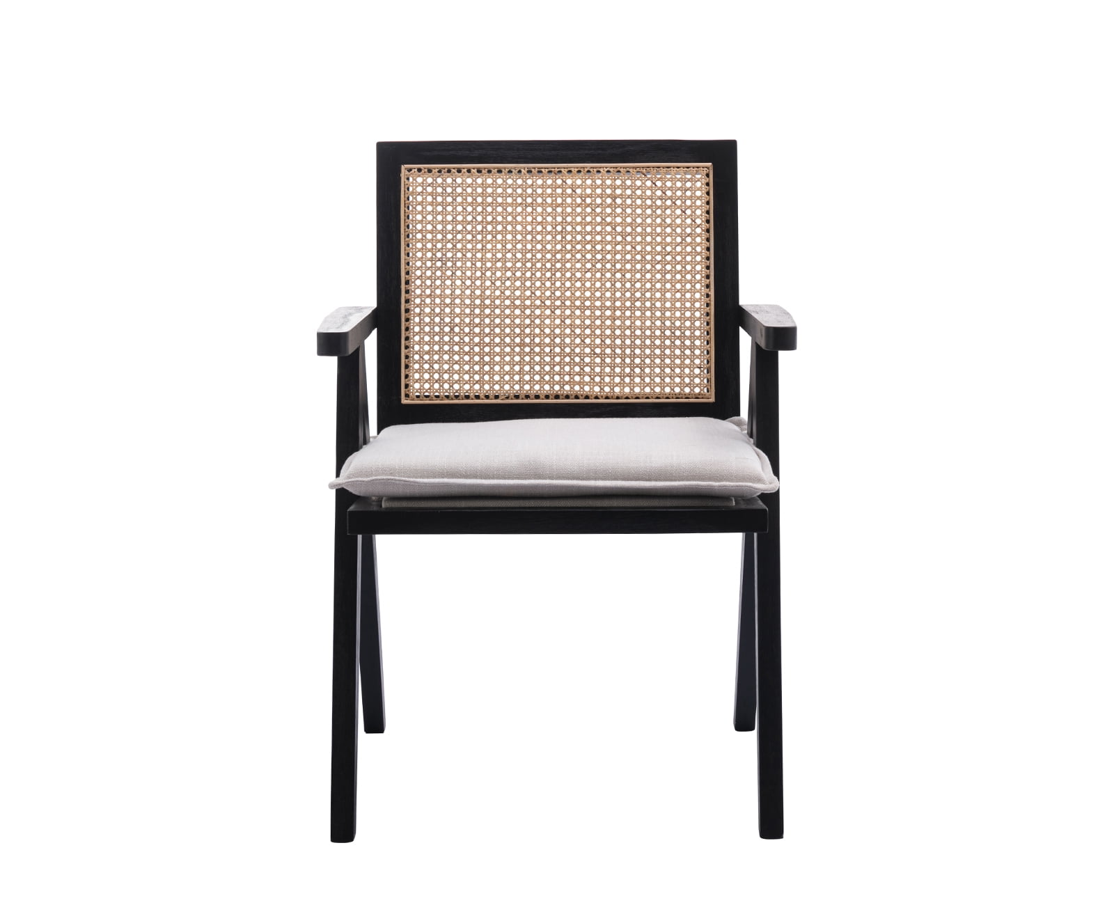 Guyou Modern Rattan Dining Chair Set of 2, Mid-century French Farmhouse Upholstered Solid Wood Armchair Reading Chair, Retro Accent Chair with Woven Back and Black Base, Beige Fabric