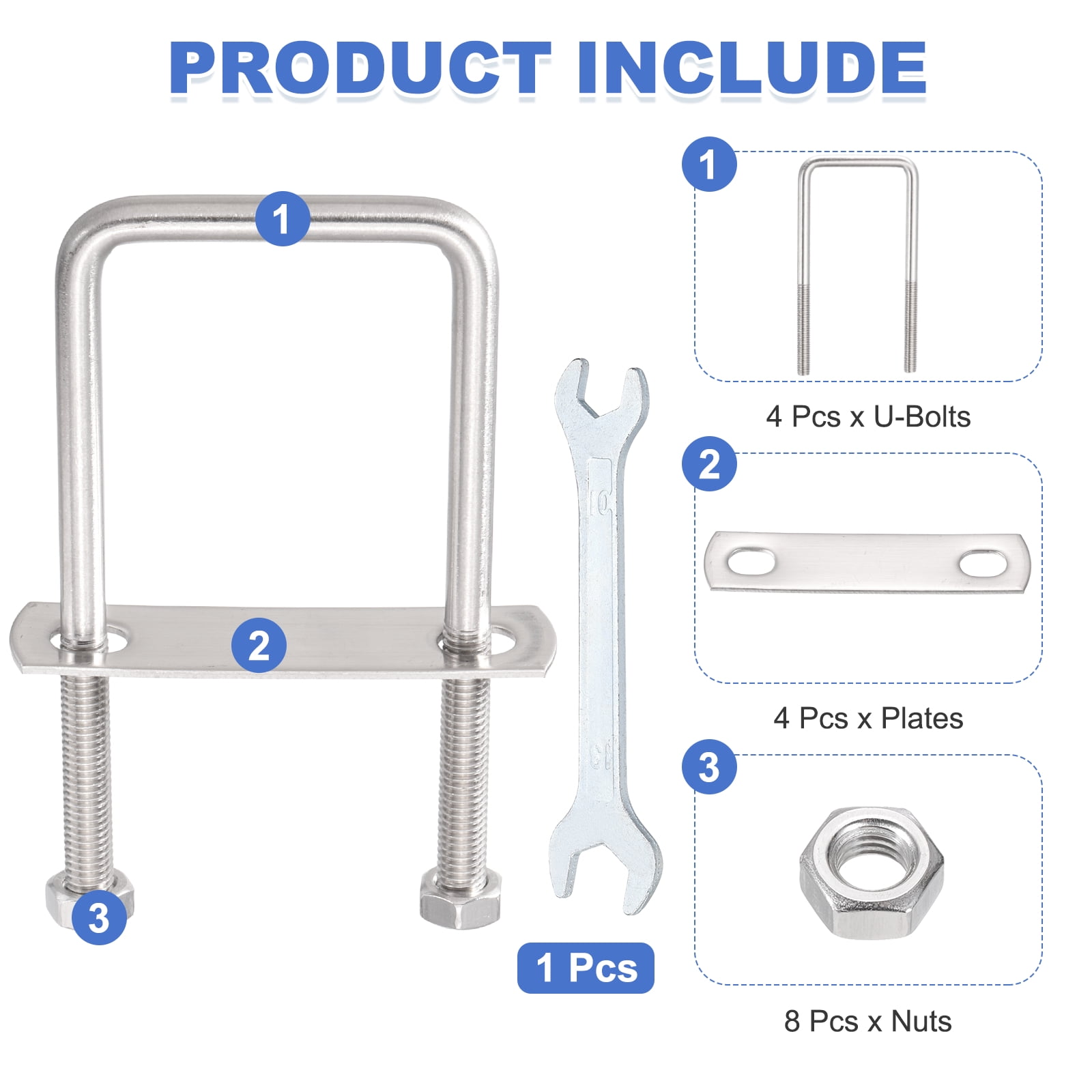 Uxcell 4 Sets M8 Square U-Bolts, 2.01" Inner Width 3.15" Length 304 Stainless Steel U Clamp Bolts with Nuts, Plates and Wrench