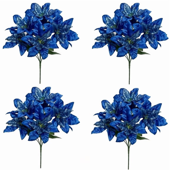 Christmas Artificial Flowers Poinsettia Flowers 7 Heads Silk Poinsettia Christmas Floral Bouquet Winter Artificial Poinsettia Bushes 4PCS Blue for Xmas Party Holiday Arrangements Decoration
