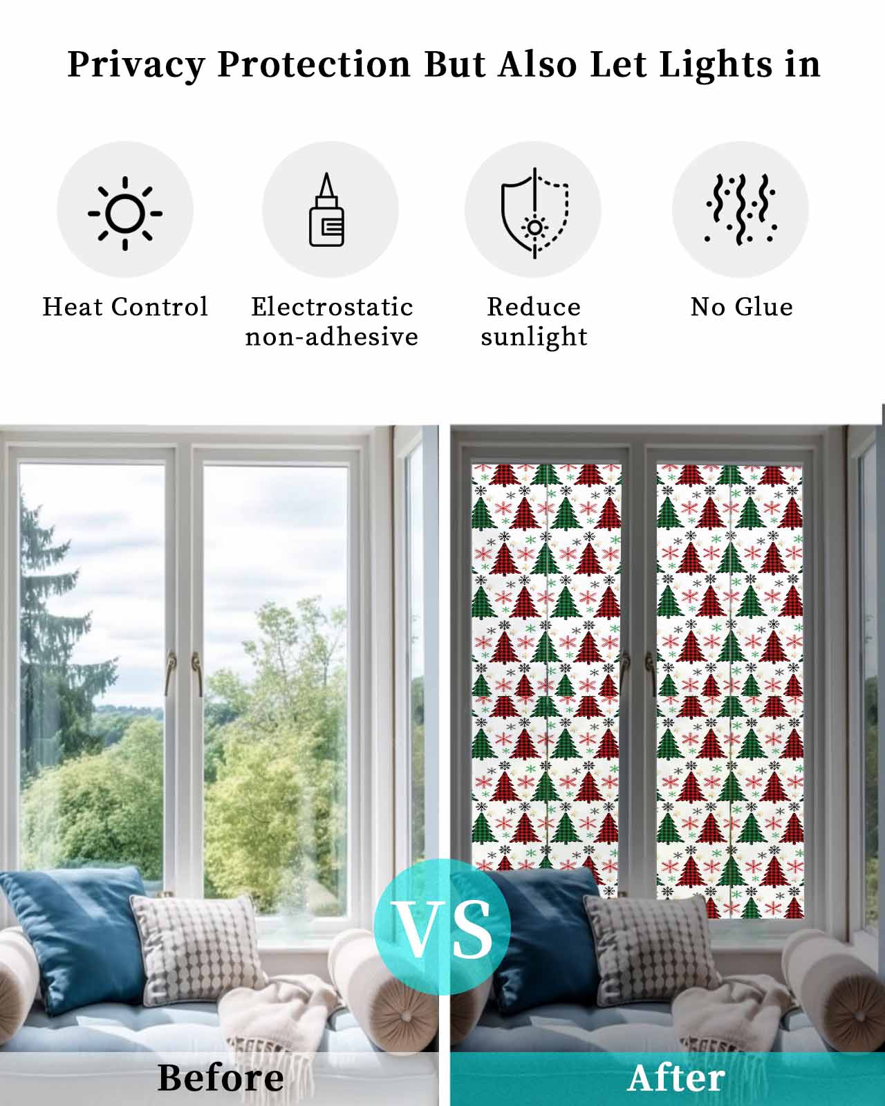 Christmas Window Privacy Film Stained Glass Window Film Decorative Windows Cover Static Windows Cling for Glass Winter Red Green Xmas Buffalo Plaid Tree Snowflake Stickers for Bathroom 29.5"x118"