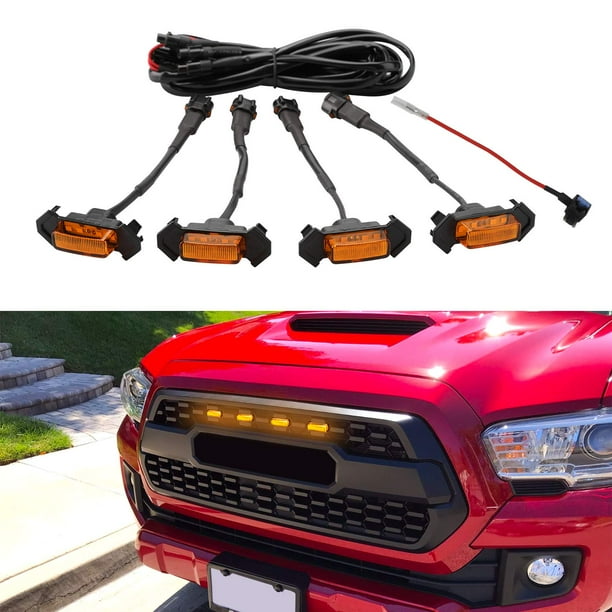 Seven Sparta 4 luces LED para parrilla con adaptador de fusible compatible con Toyota Tacoma TRD PRO OEM 2016-2023, parrilla frontal no compatible con Tacoma Off Road & Sport (luz ámbar con carcasa ám