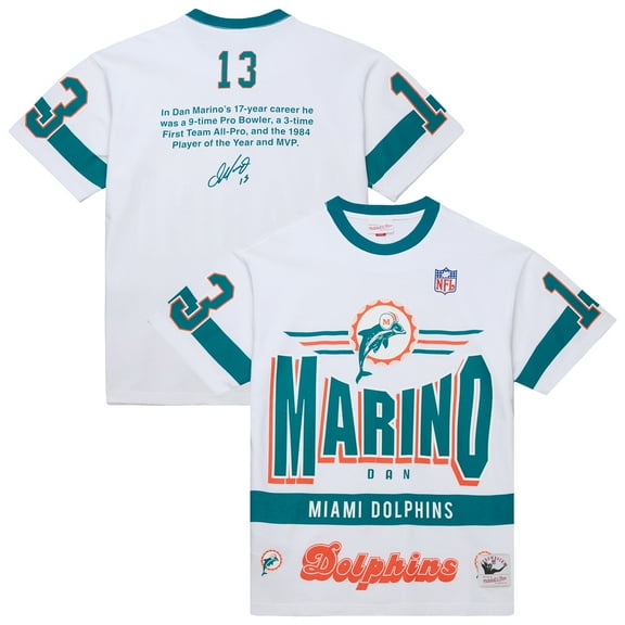 Men's-Mitchell & Ness Dan Marino White Miami Dolphins Name & Number Team Origins Vintage Logo T-Shirt