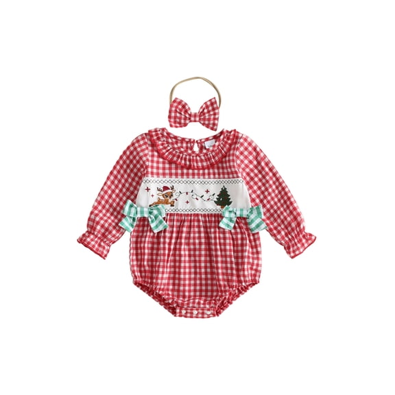 Cjfdfy Newborn Baby Girl Christmas Fall Outfit Reindeer Gingerbread Man Embroidery Puff Long Sleeve Bubble Romper And Headband Infant My First Christmas Fall Winter Clothes 0-18 Months