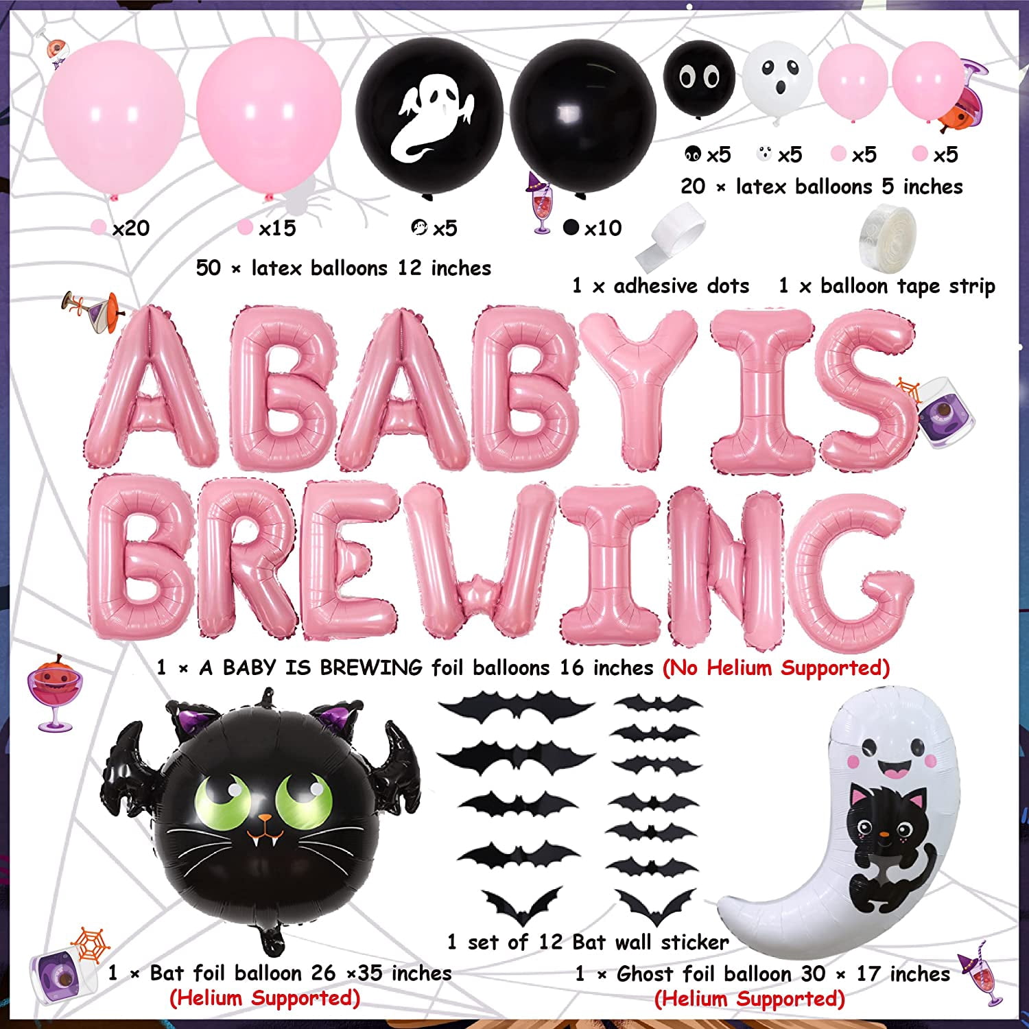 Halloween Baby Shower Decorations for Girl, A Baby is Brewing Pink Black Balloon Garland Arch Kit Ghost Bat Foil Balloon Baby Shower Pregnancy Announcement Gender Reveal Party Supplies