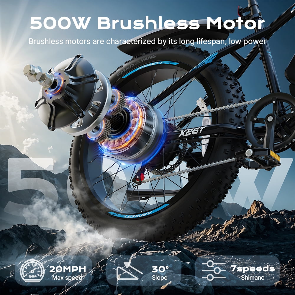 AIRWEST 26" Men's Electric Mountain Bike - 500W Motor, 48V 13Ah Removable Battery, 7-Speed Fat Tire E-Bike for Snow/Sand/Off-Road - UL2849  - Max 25MPH