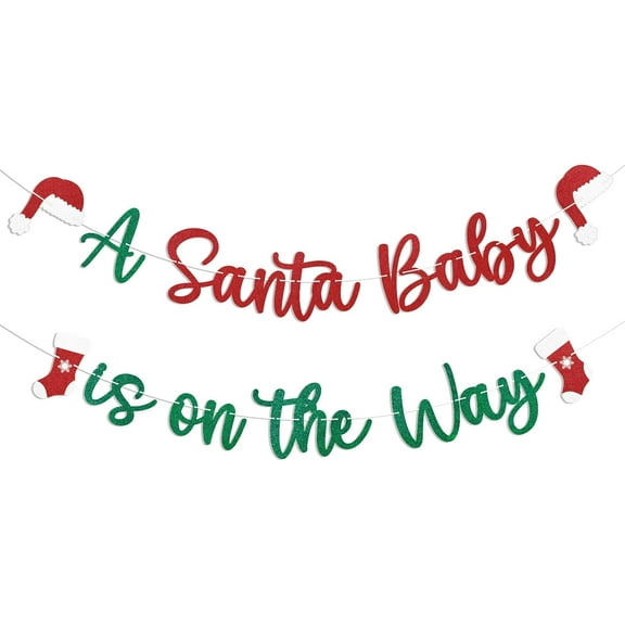 Santa Baby is on the Way Banner - Christmas Baby Shower Decorations, Winter New Year Birthday Party Decorations, Red & Green Glitter