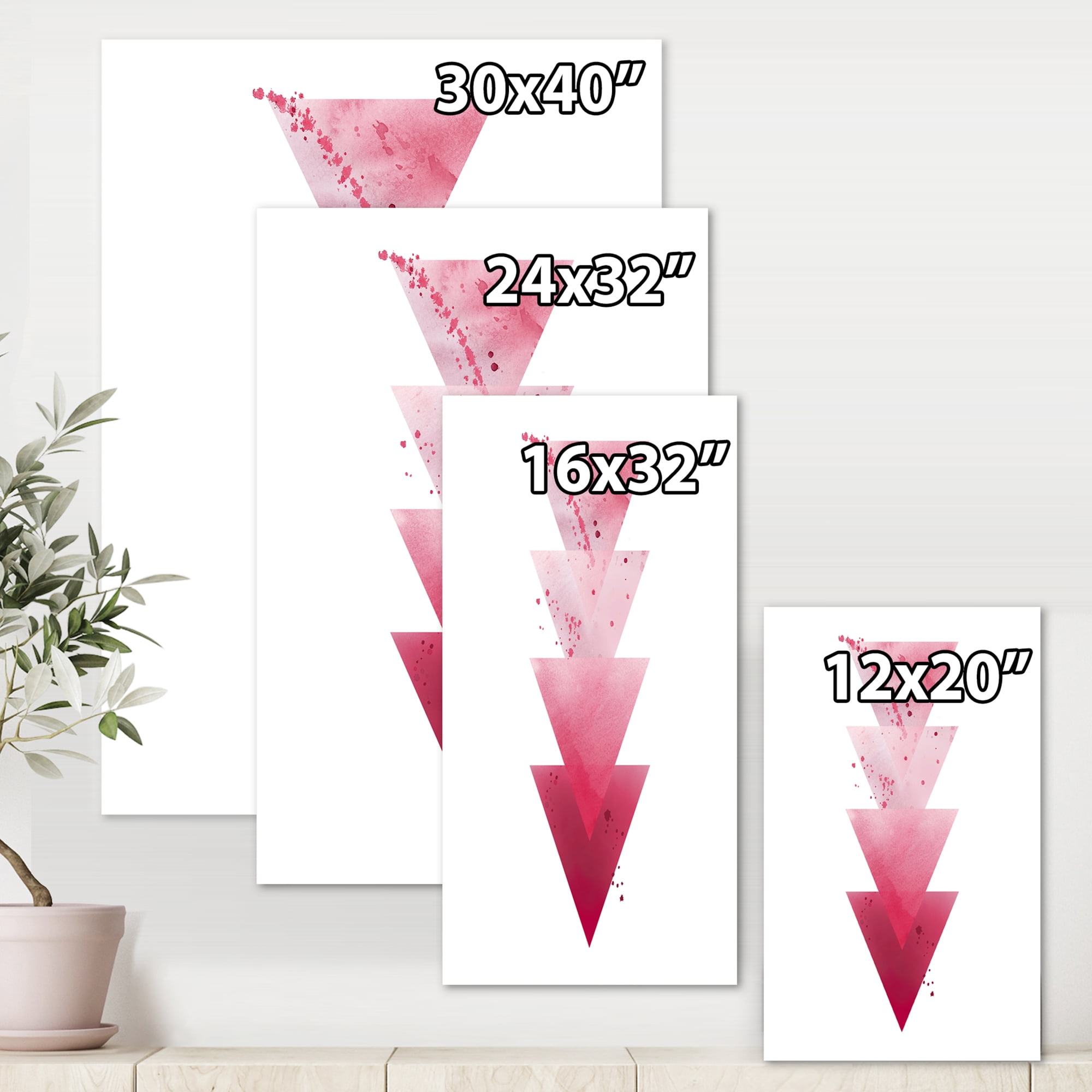 Abstract Geometric Art Red Triangles Composition 16 in x 32 in Painting Canvas Art Print, by Designart