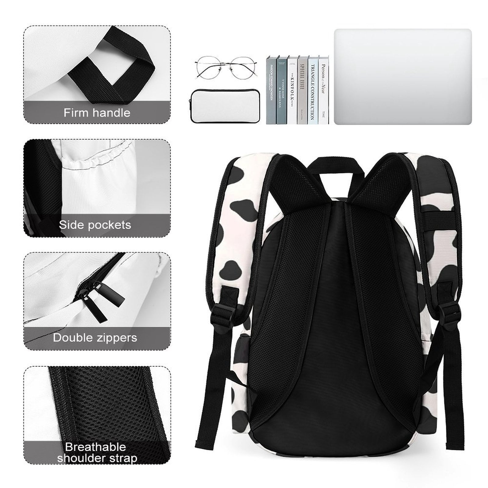 Large Capacity Half Print Backpack 11.8×16.5×5.9in Multifunctional Zipper Design Convenient Switch Simple Cow-print Pattern1_4