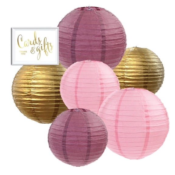 Koyal Wholesale Burgundy Blush Paper Lanterns Set of 6 Dusty Rose Mauve Pink Gold Décor