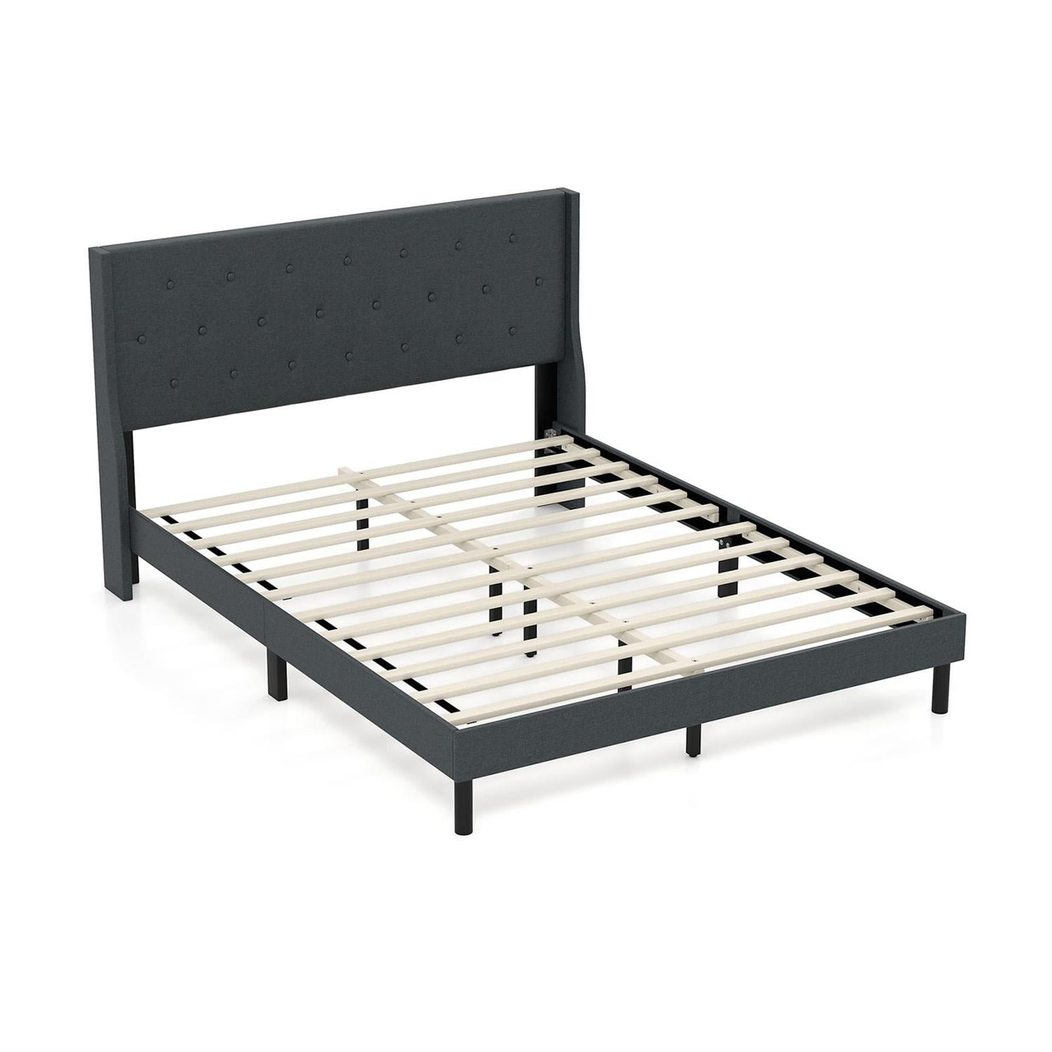 Spaco Queen Size Upholstered Bed Frame, Button Tufted Wingback Headboard, Linen Fabric & Foam, Rubber Wood Legs + Middle Support, Gray