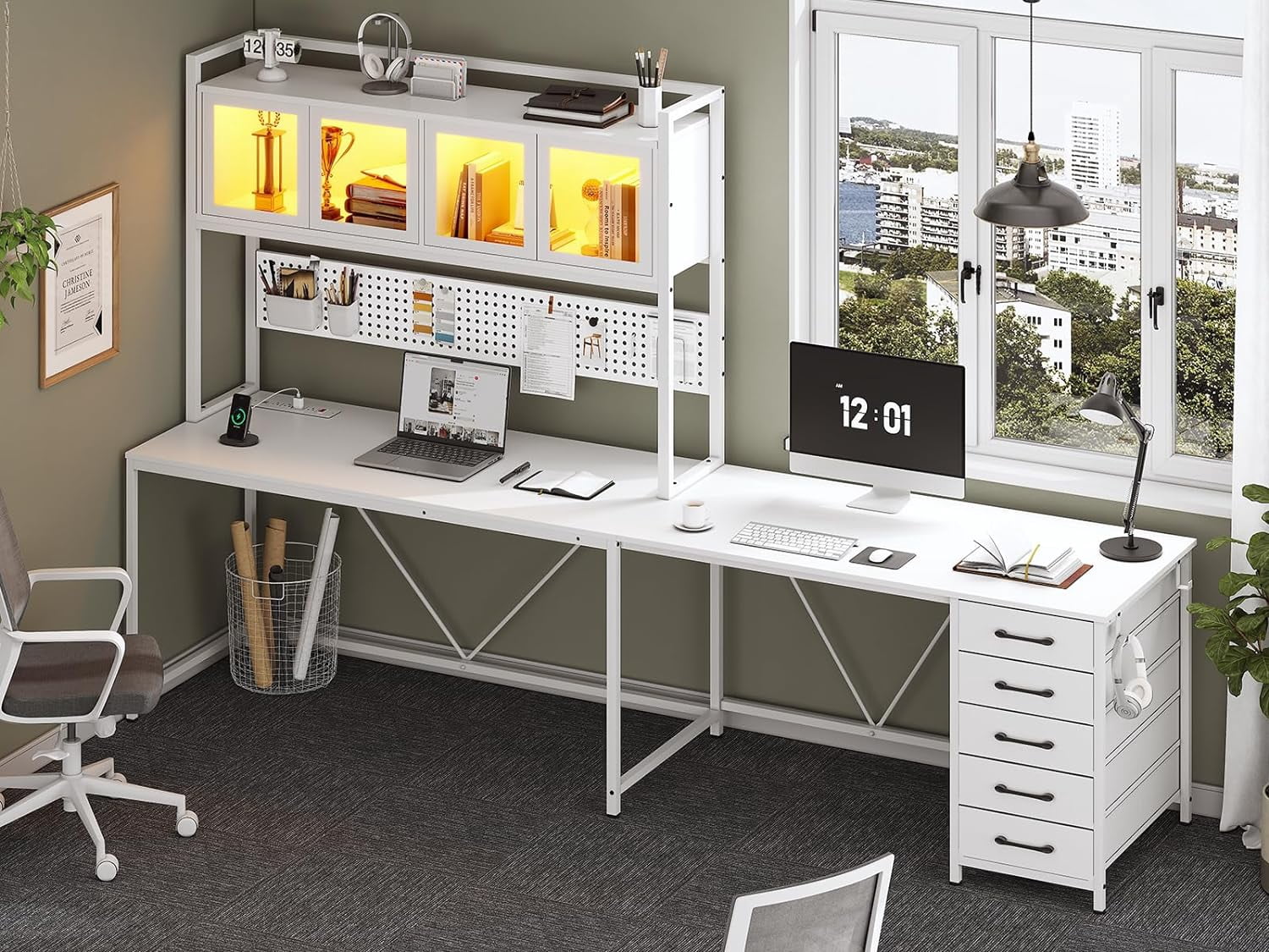 L-Shaped Computer Desk with LED Strips&Display Cabinet Reversible Gaming Desk with Power Outlets/5 Drawers/Pegboard for Office, White