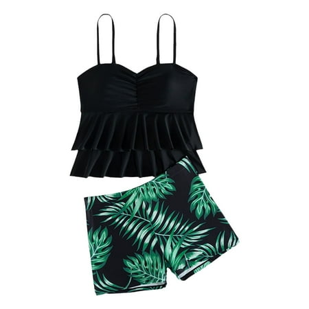 WOYY Big Girls Tropical Swimsuit Ruffle Tankini Top and Boyshorts UPF 50+ Bathing Suit