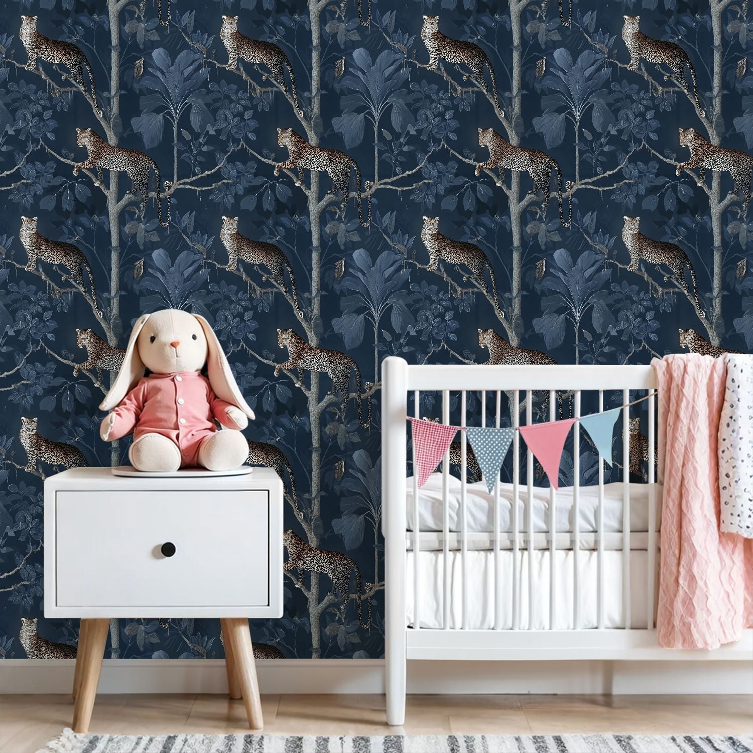 Peel and Stick Wallpaper Leopard Jungle Dark Blue Foliage Exotic Plants Wall Mural 23.6in x 9.8ft Self Adhesive Removable Wall Paper Renter Friendly Wallpaper for Nursery Bedroom Cabinets