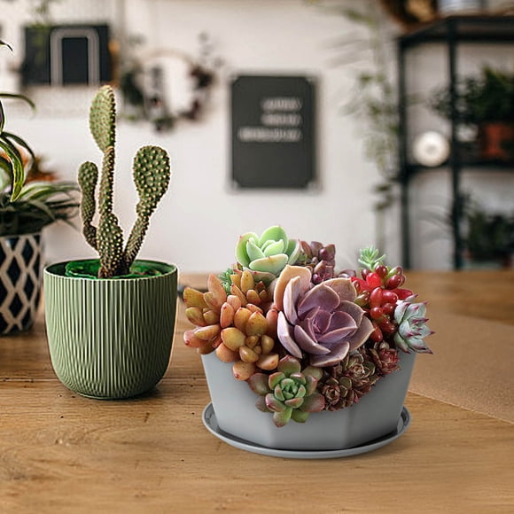 UsRHHA Resin Plastic Flower Pot With Base, 15cm Imitation Ceramic Decorative Pot Small Planter For Balcony Potted Plants