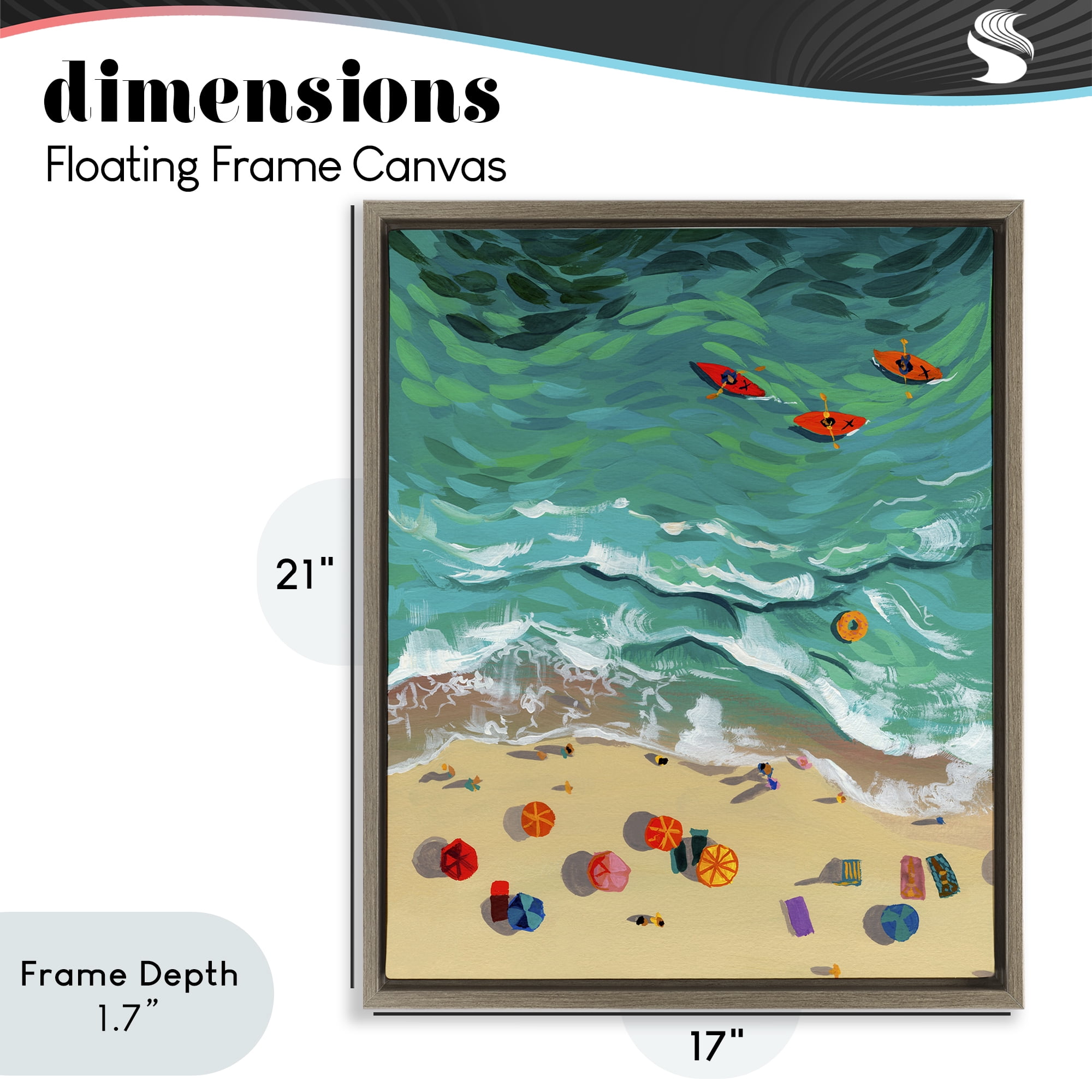 Stupell Industries Three Kayaks in Turquoise Waves Brown Framed Floater Canvas Wall Art, design by Brook Page