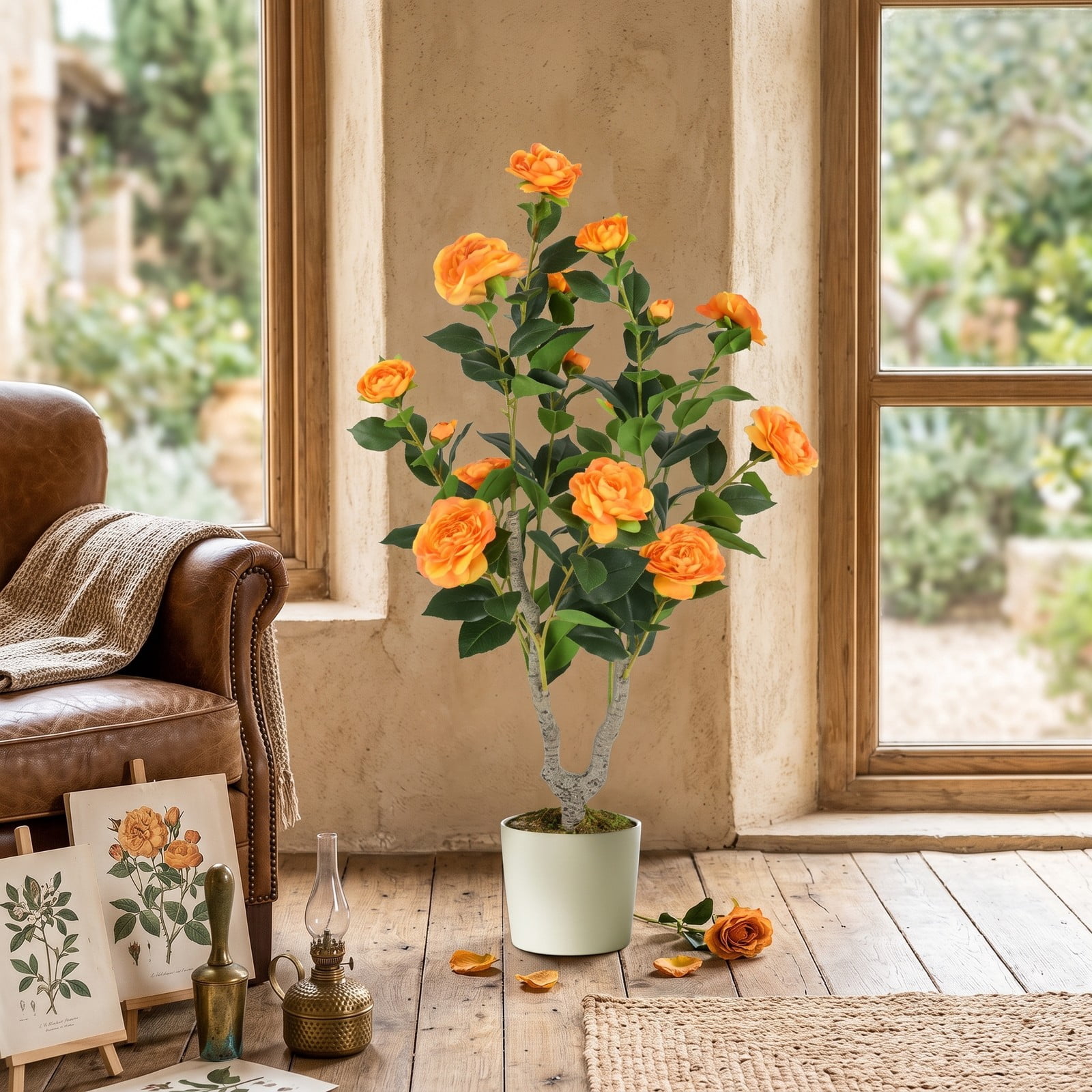 ALPULON 36 Inch Artificial Camellia Tree with Blooming Flowers, Set of 2 Faux Potted Camellia Plants with Cement-Filled Pots for Home Office Wedding Front Door, Orange