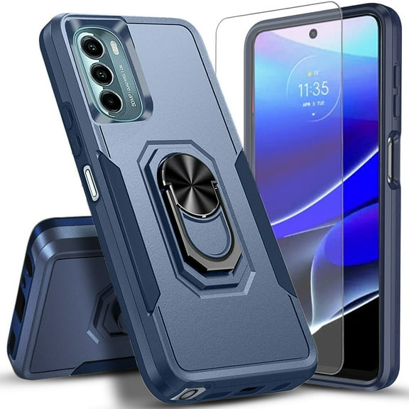 Circlemalls Case for Google Pixel 6A, Tempered Glass Screen Protector, Ring Stand Armor Cover Case-Black