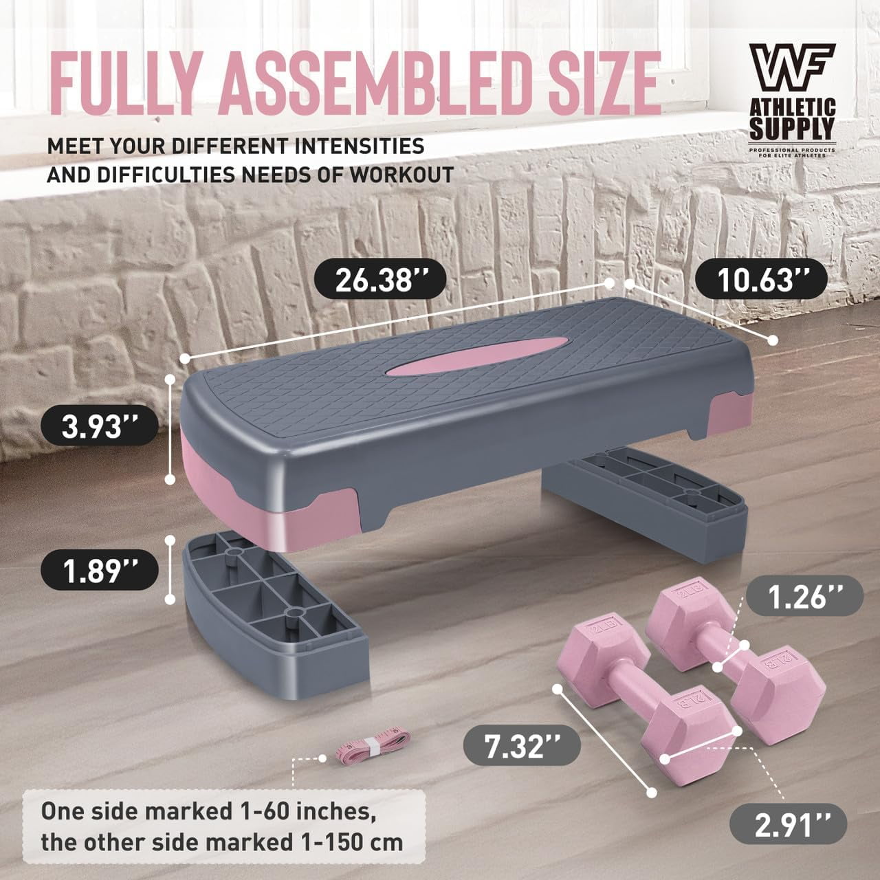 WF Athletic Supply Aerobic Stepper Set with Dumbbells & Measuring Tape, Adjustable Height 2 Level Risers Workout Exercise Step Platform Trainer for Home Gym Exercise Fitness Workout, Pink