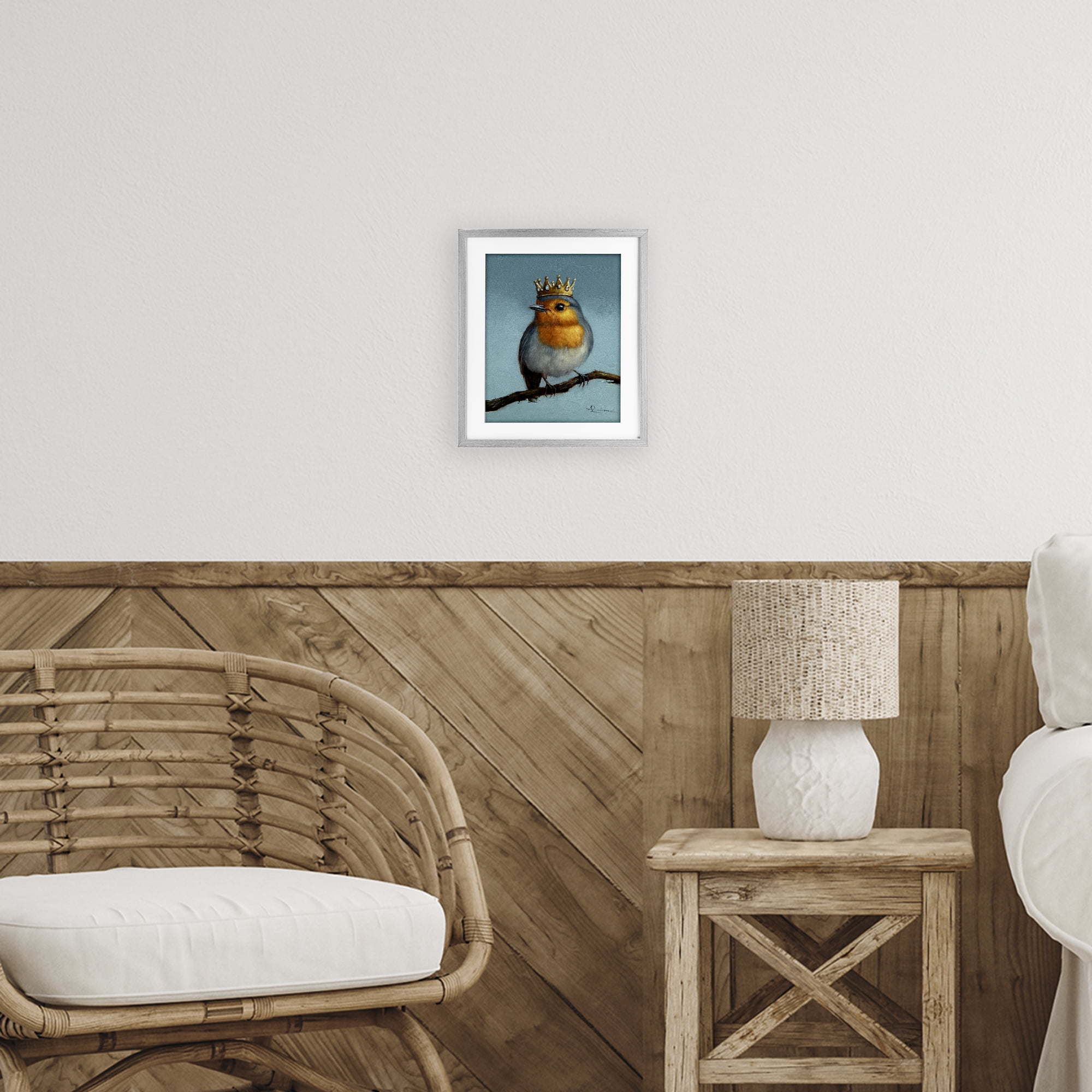 Royal Robin Perched Gray Framed Print Under Glass, design by Lucia Heffernan