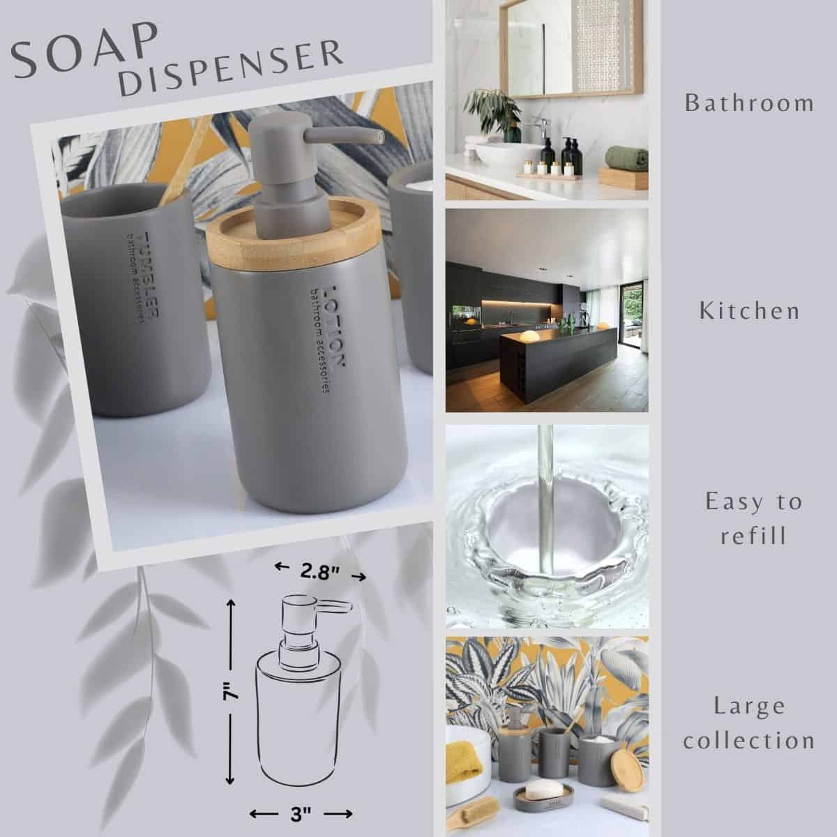Modern Matte Gray Soap Dispenser with Natural Bamboo Accent - Polyresin Hand Lotion Pump, Contemporary Bathroom Accessory