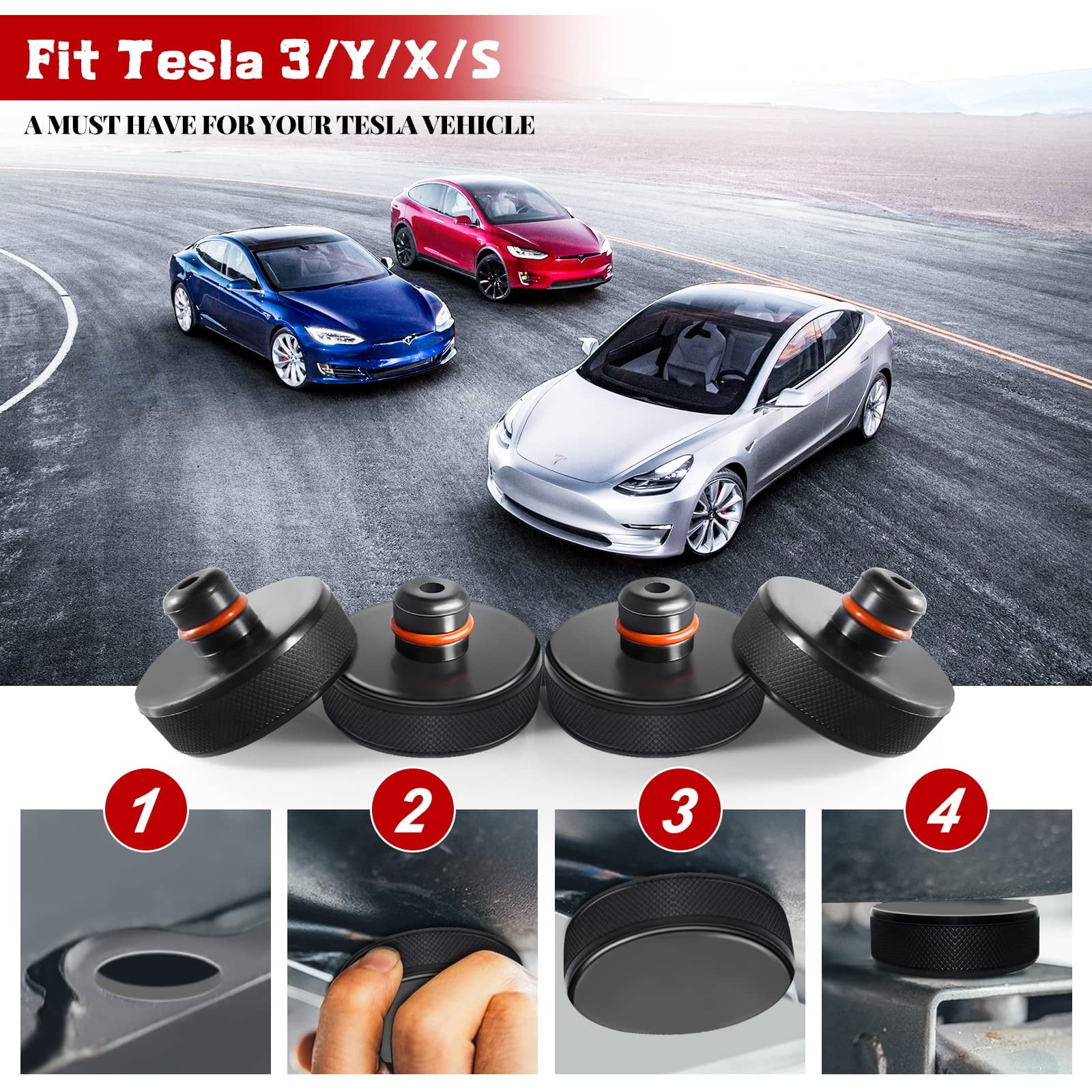 Crane jack pad suitable for Tesla Model 3/S/X/Y, 4-piece with storage box and accessories-