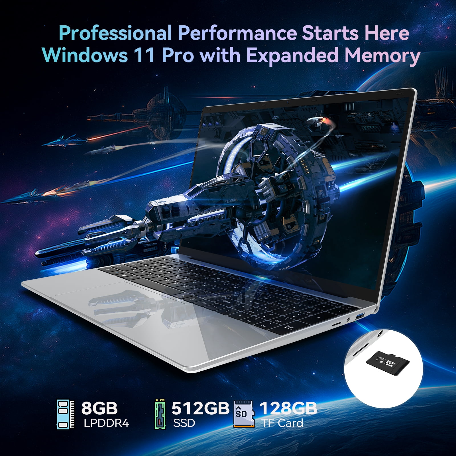 15.6 Inch Windows 11 Pro Laptop, 8GB RAM 512GB SSD, Intel Celeron