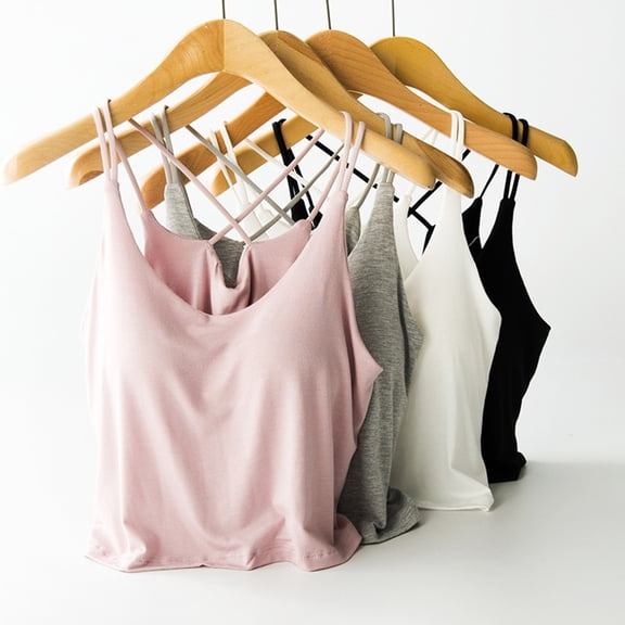 WHEANG Built In Bra Tank Tops for Women Skin-Friendly Lightweight Keeps Cool Womens Summer Tops Solid Color U Neck Camisole Back Spaghetti Strap Tank Tops Color Black Size L