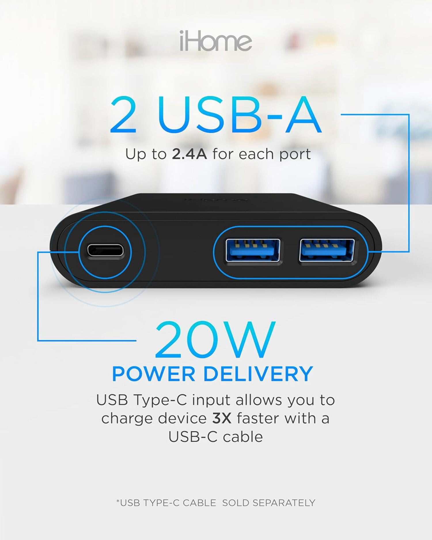 iHome 32W AC Pro Wall Charger, 3-Port (1 USB-C, 2 USB-A), Fast Charging, Universal Compatibility