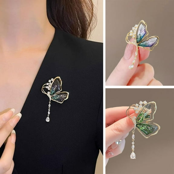 Pebbuoy 1 Pair Elegant Butterflies Shape Brooch Shiny Rhinestones Tassel Pin Waterdrop Pendant Badge Clothes Hats Bags Accessory