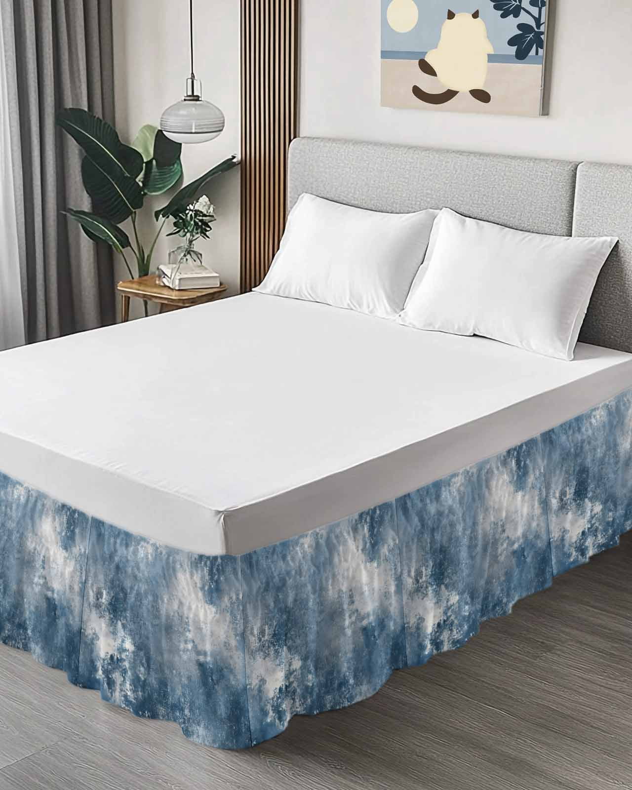 Blue Grey Wrap Around Bed Skirts for Queen Bed 16" Drop, Bed Skirt with Adjustable Elastic Belt Dust Ruffle Bed Valance for Bedroom Hotel Luxury Oil Painting Modern Abstract Bed Frame Cover