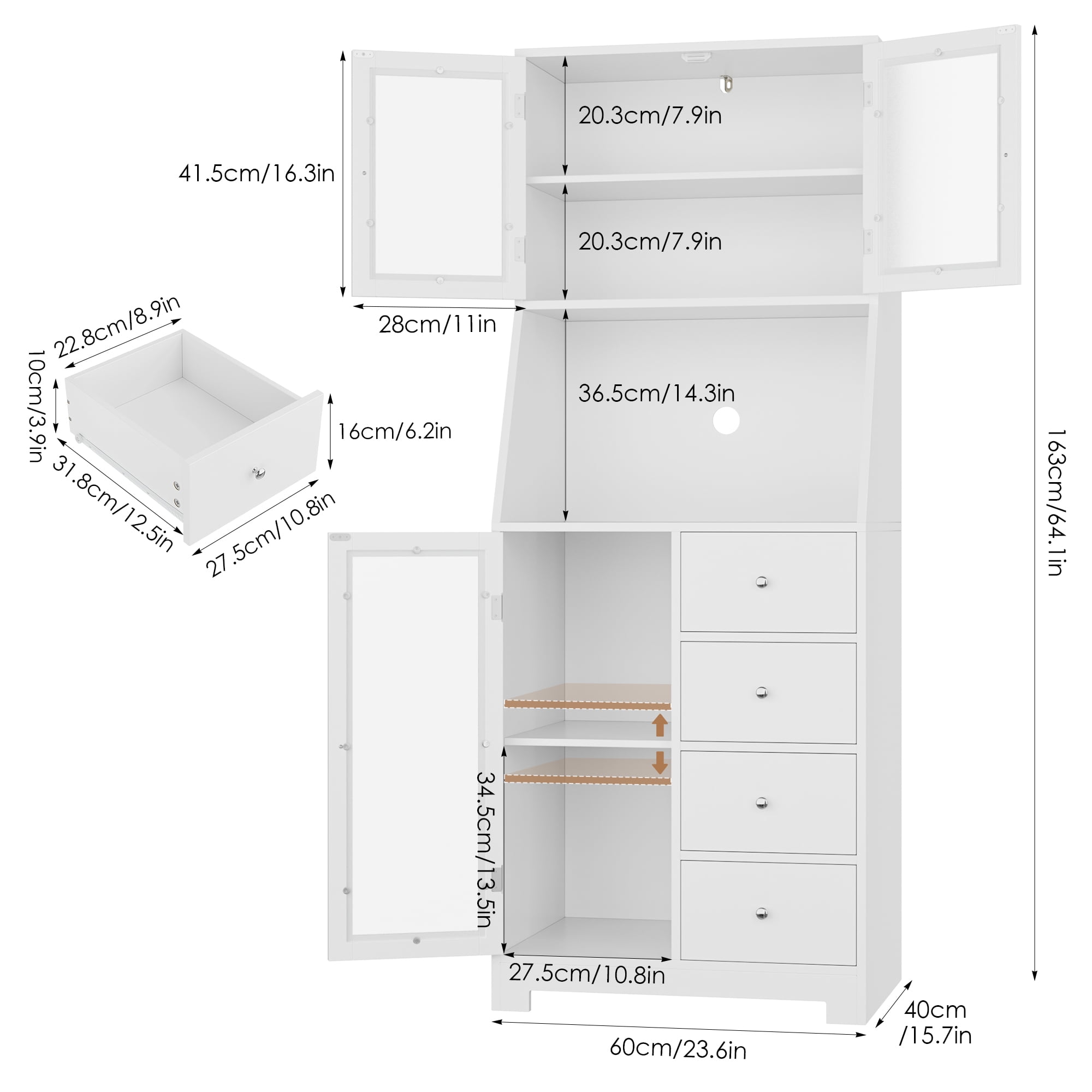 Homfa 64.1'' Kitchen Pantry with Microwave Shelf, 4 Drawers Storage Cabinets with Glass Door for Dining Room, White
