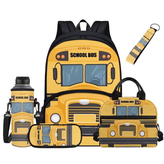 FUIALDOLG School Bus Print Backpack for Boys Girls with Lunchbox Kids School Backpack Lunch Bag Pencil Case Water Bottle Sleeve Keychain 5 Pcs Kindergarten Elementary Middle School Bag Back Packs