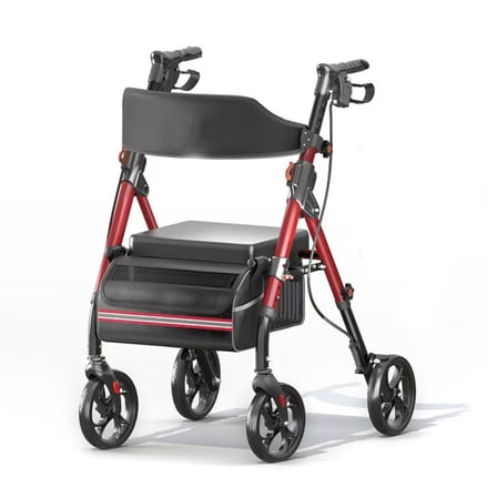 Matinal Foldable 8'' Big Wheels Rollator Walker with Seat, Red, 350 lb Limit