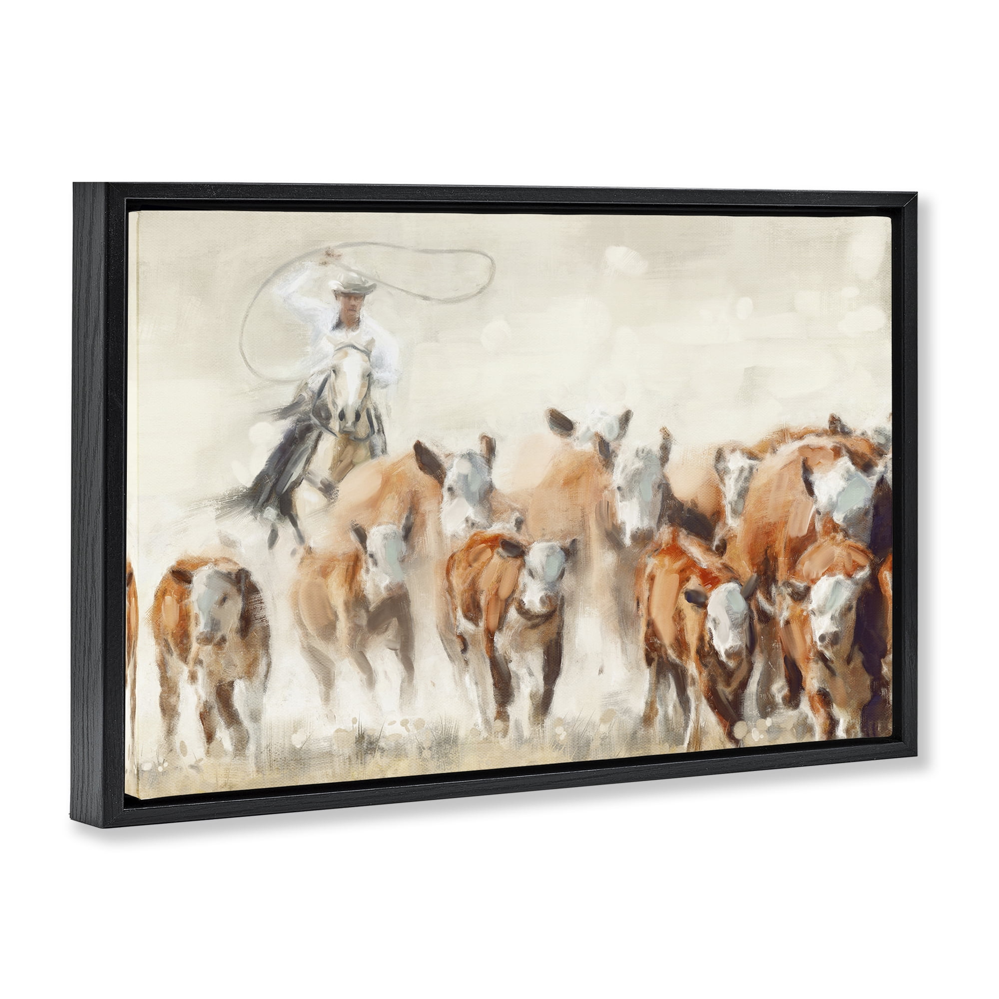 Stupell Industries Cowboy Cattle Roundup Animals Painting Black Floater Framed Canvas Art Print Wall Art, 25 x 17