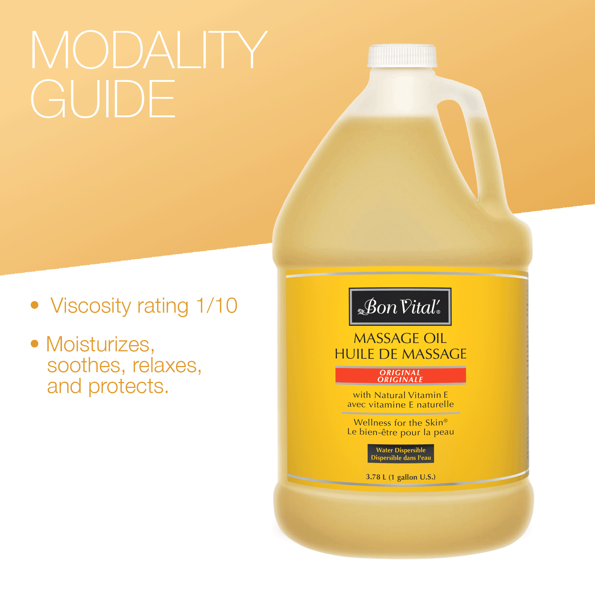 Bon Vital' Original Massage Oil, 1 Gallon Unscented Professional Massage Oil with Natural Oils & Vitamins, Water-Dispersible, No Nut Oils, Smooth Glide for All Massage Modalities