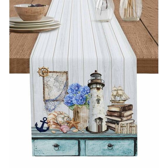Vintage Lighthouse Coastal Table Runner Cotton Linen 48 Inch Holiday Dresser Scarves, Nautical Ocean Sea Retro Art Tablerunner for Kitchen Coffee Dining Bedroom Dinner Scarf Décor 13''x48''