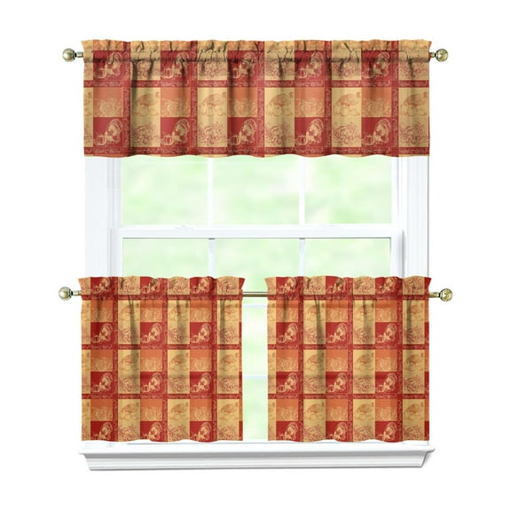 Fall Kitchen Curtains 24 Inch Short - 3 Panel Set, Autumn Harvest Print, Rod Pocket Window Treatment for Thanksgiving, Farmhouse, Cafe, Living Room - Machine Washable