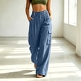 thumbnail image 2 of ZHYou No Boundarie Cotton Linen Cargo Pants for Women Casual Wide Leg Button Drawstring Waisted Loose Fit Pants with Patch Pockets,Blue,Size S, 2 of 8