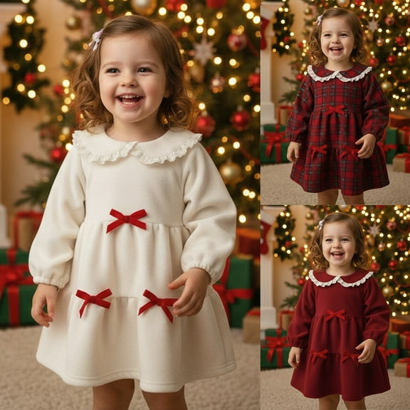 BdTemWBs Cute Baby Girls Santa Christmas Dress with Red Ribbon Bow Long Sleeve A Line Ruffles Embroidery Toddler Girl Xmas Outfit Holiday Dress (Beige-#01,18-24 Months)