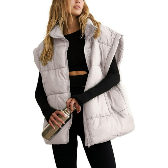 Women Winter Oversized Puffer Vest Lightweight Stand Collar Flysleeve Insulated Padded Puffy Jackets Coat with Pockets