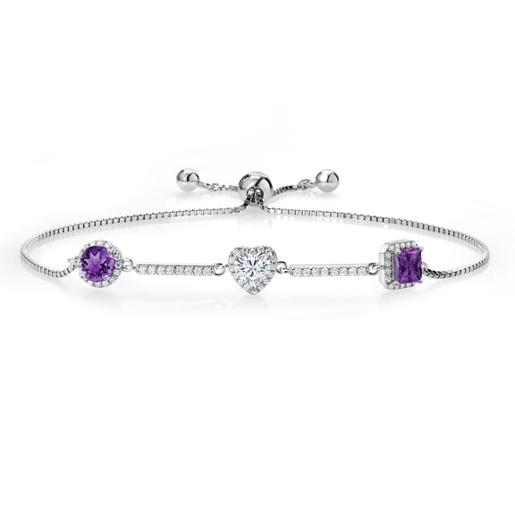 Gem Stone King 1.99 Cttw Round Heart Princess Amethyst and Moissanite Tennis Bracelet for Women By Keren Hanan | 925 Sterling Silver | Gemstone Birthstone | Fully Adjustable up to 9 inch
