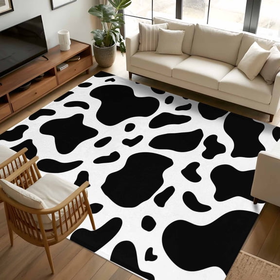 8x10 Area Rugs Black and White Non-Skid Rubber Backing Large Rectangle Rugs - Living Room Bedroom Home Office, Farmhouse Cow Black White Indoor Floor Mat Carpets Washable Rug